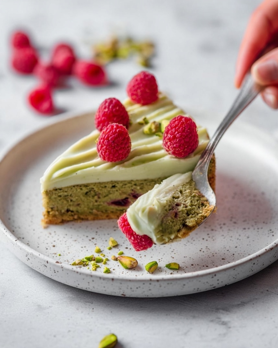 The image shows a slice of cake on a white speckled plate, placed on a white marbled surface. The cake has two main layers: the bottom layer is a brownish-green, dense cake with visible specks of raspberry inside, while the top layer is a thick, creamy pale green frosting with smooth, wavy peaks. Three fresh bright red raspberries sit on top of the frosting, along with small slivers of green pistachios scattered around the cake and plate. Next to the slice on the plate is a small piece of cake with frosting on a spoon, lifted by a woman's hand, showing the texture of both layers clearly. Additional fresh raspberries and green pistachio pieces are scattered around the plate and white marbled surface. Photo taken with an iphone --ar 4:5 --v 7