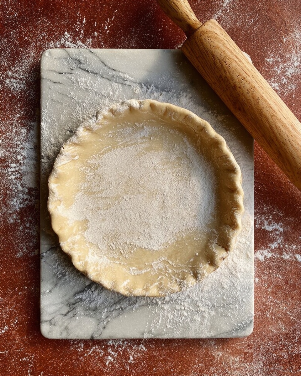 A flattened round dough crust with lightly crimped edges and a light dusting of flour rests on a white marbled board, with a wooden rolling pin positioned diagonally at the top right corner, all placed on a reddish textured surface. Photo taken with an iphone --ar 4:5 --v 7