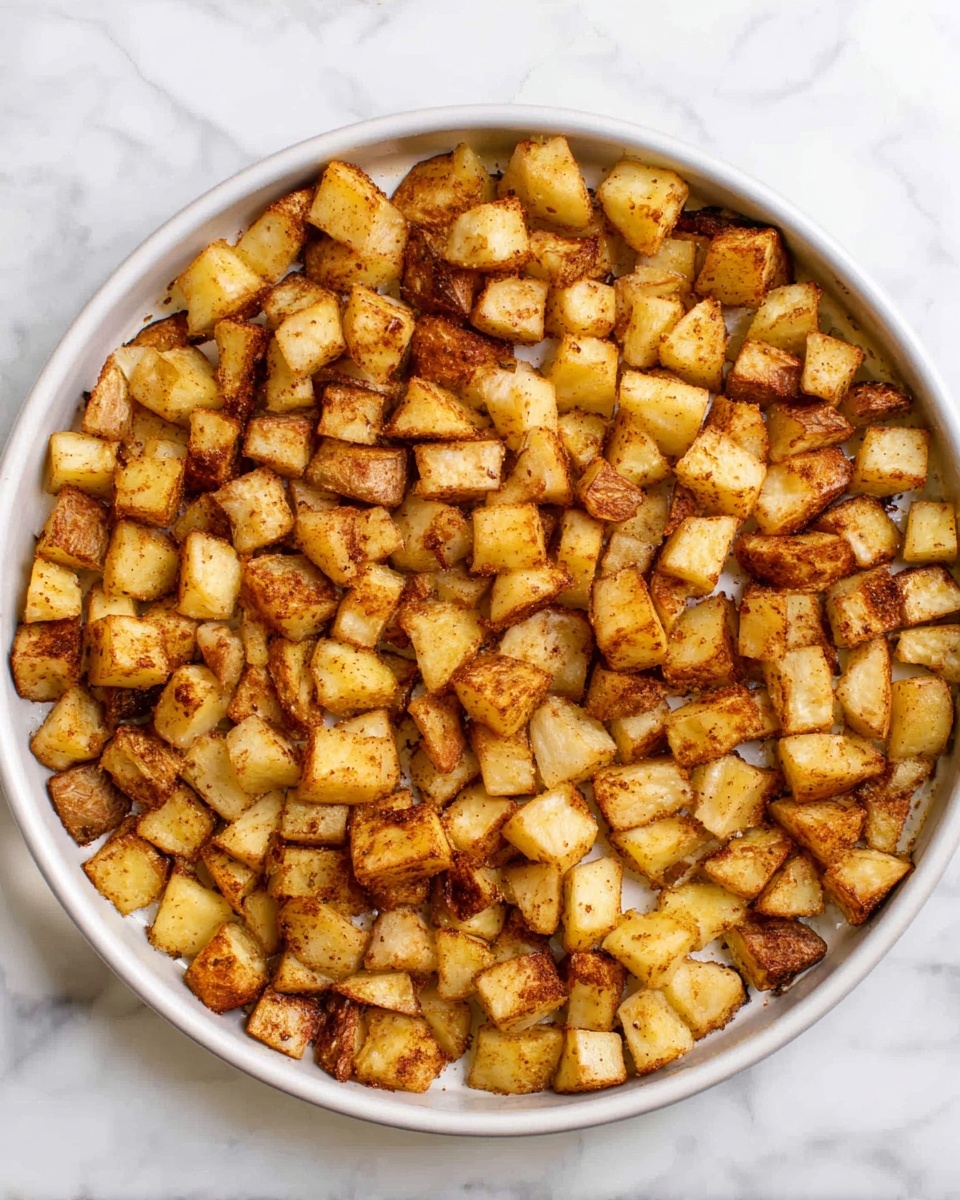 A round white baking dish filled with a single layer of small, evenly cut potato cubes. The potatoes have a golden brown color with a mix of darker browned edges and lighter yellow spots, coated with a light seasoning visible as tiny specks. The white marbled surface underneath the dish adds a clean, bright background to the image. Photo taken with an iphone --ar 4:5 --v 7