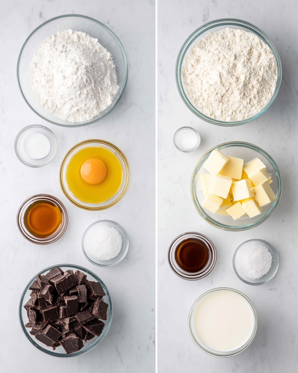 The image shows two sets of clear glass bowls placed on a white marbled surface. On the left, from top to bottom, there is a small bowl of salt, a larger bowl filled with flour, a small bowl with a liquid (likely milk), a larger bowl with granulated sugar, a small bowl with an egg yolk, a larger bowl with cubed butter, and a small bowl with vanilla extract. On the right, from top to bottom, there is a small bowl of vanilla extract, a larger bowl filled with dark chocolate chunks, a small empty bowl, a small bowl of salt, a larger bowl with milk, and a small bowl with a chunk of butter. The arrangement is neat and evenly spaced, with each item clearly visible and separated from the others. Photo taken with an iphone --ar 4:5 --v 7