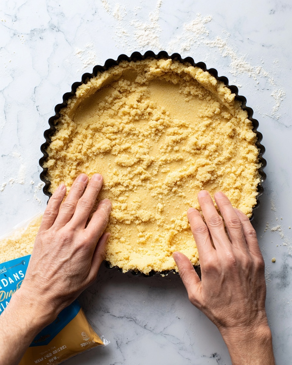 The image shows two hands pressing crumbly dough into a round black tart pan with a scalloped edge. The dough layer is thick and uneven, with a golden-yellow color and a rough, grainy texture, covering the bottom and sides of the pan. The background surface is white with a marbled texture. In the lower corner, there is a partially visible light blue and cream package of almond flour. Photo taken with an iphone --ar 4:5 --v 7