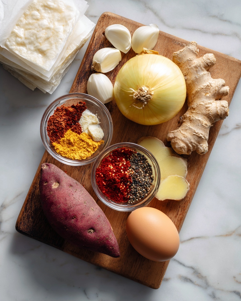 The image shows a white marbled surface holding a wooden cutting board with several ingredients arranged on it. There is a whole yellow onion placed on the top right of the board, three peeled garlic cloves near the top left, and a piece of pale ginger root to the right of the garlic. A small glass bowl containing four spices—brown ground spice, red chili flakes, bright red powder, and black pepper powder—is positioned on the bottom left of the board. Below the bowl is a dark purple piece of sweet potato. Off the board on the bottom right side of the image, there is a single brown egg. On the upper left corner of the image, there is a stack of pale sheets or dough wrapped in white parchment paper. Photo taken with an iphone --ar 4:5 --v 7