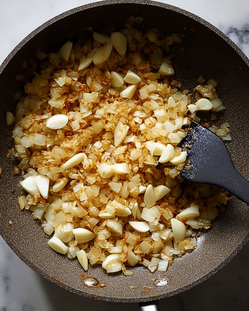 A close-up view of a dark gray pan filled with cooked onion pieces in the bottom two-thirds, showing a golden brown color and soft texture with some crispy edges, and raw, light cream-colored garlic pieces scattered mainly on the top half. A black spatula rests inside the pan among the onions, hinting at the mixing process. The scene has a white marbled surface background. photo taken with an iphone --ar 4:5 --v 7