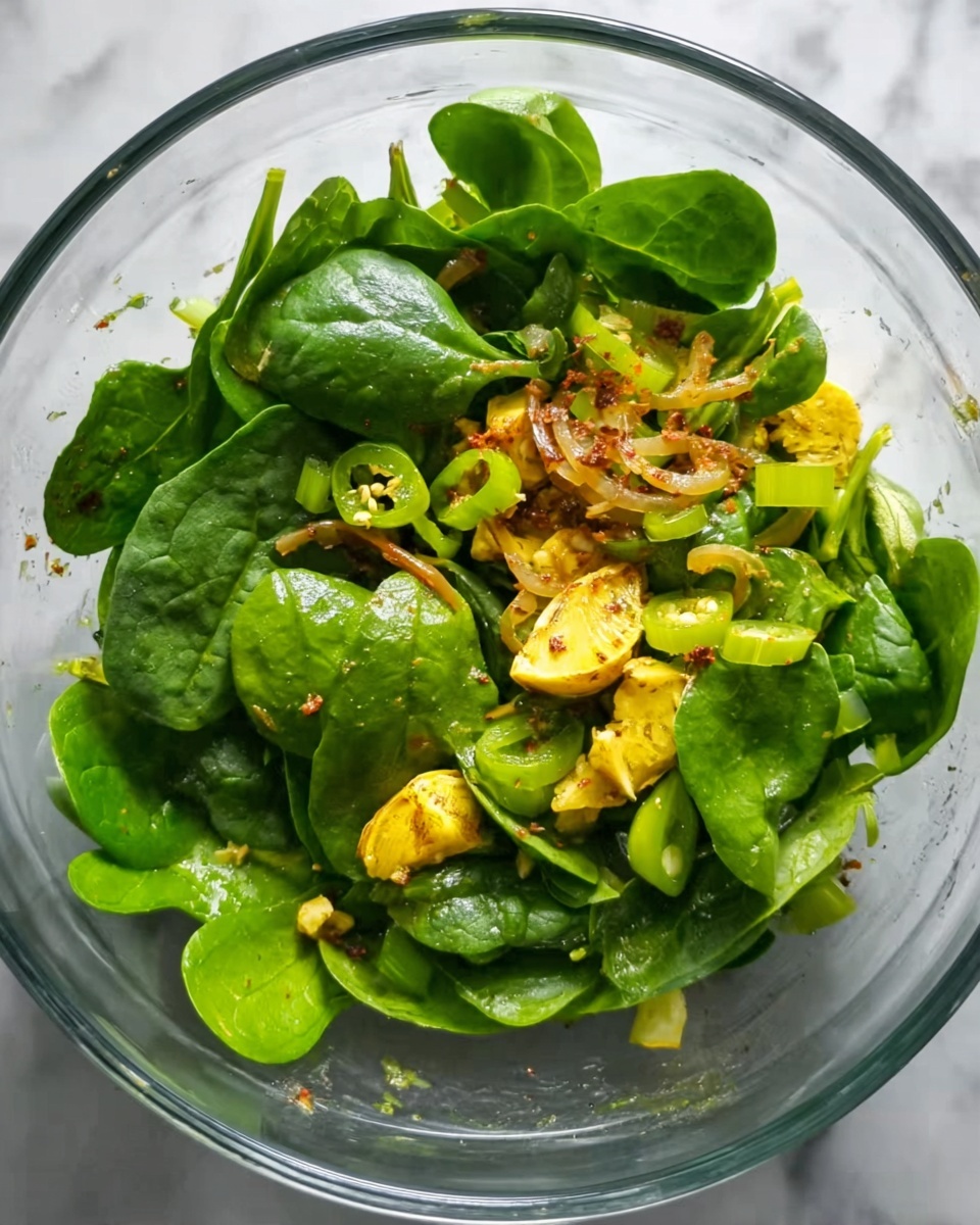 The image shows a clear glass bowl filled with a fresh salad. The bottom layer is made of large, bright green spinach leaves, soft and shiny. On top, there are small yellow pieces of lightly cooked vegetables with a golden brown color, adding a slightly crispy texture. Thin slices of green chili pepper and light green celery are mixed in evenly, providing color contrast and texture. The salad looks fresh with some oil or dressing giving a slight shine to all the ingredients. The bowl sits on a white marbled surface. Photo taken with an iphone --ar 4:5 --v 7