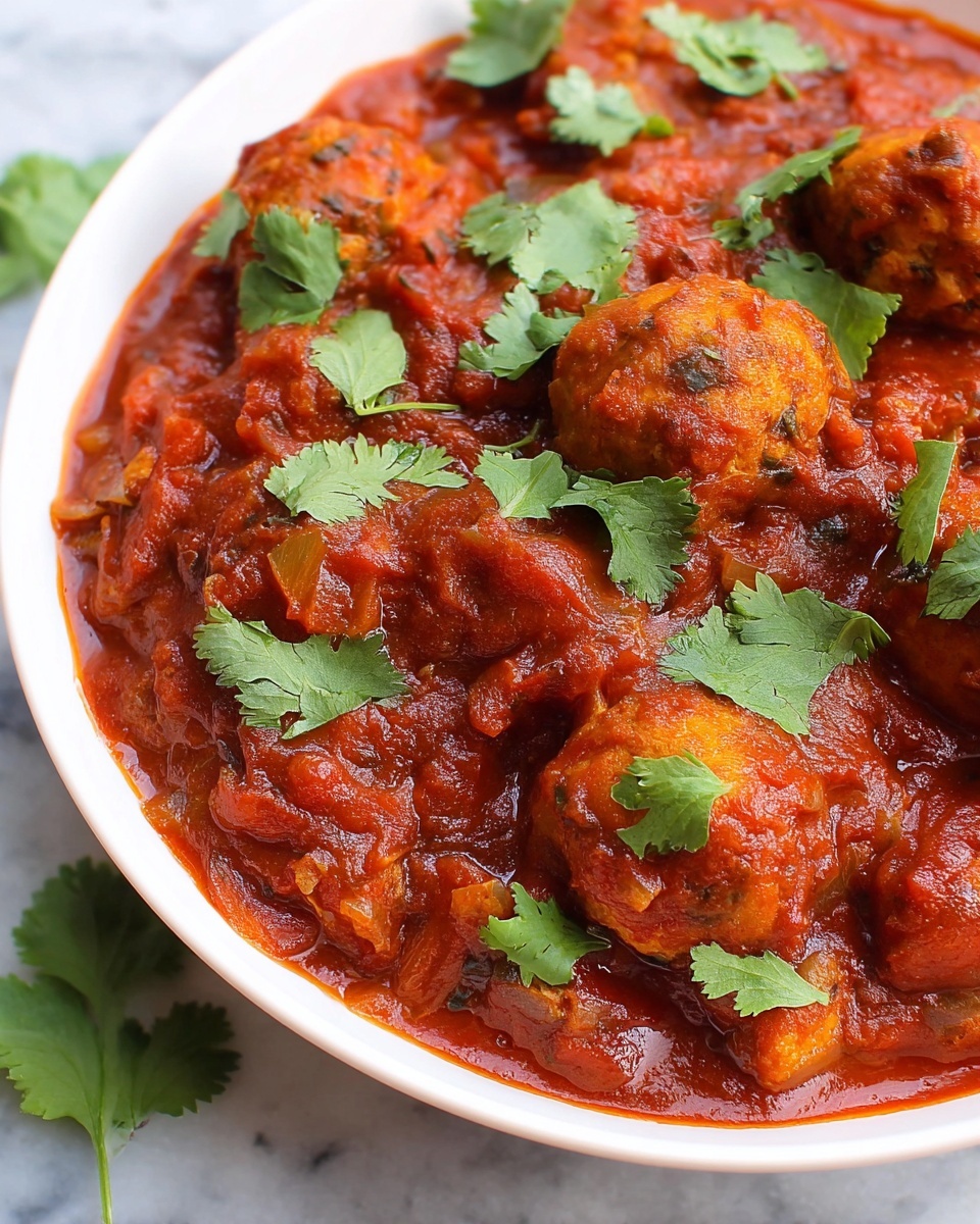 A close-up view of a white bowl filled with a thick red tomato sauce that has a chunky texture from pieces of cooked onions and herbs mixed throughout, along with several round golden-brown vegetable balls partially covered in the sauce. Bright green coriander leaves are scattered on top, adding a fresh contrast to the red sauce. The bowl is set on a white marbled surface with a few coriander leaves visible around it. Photo taken with an iphone --ar 4:5 --v 7