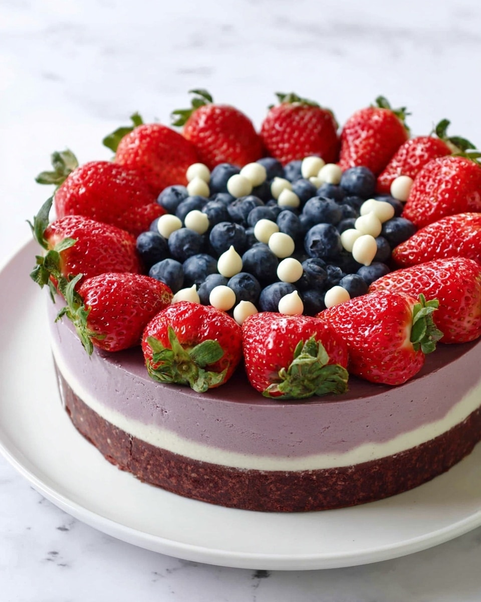 A round, two-layer cake sits on a white plate over a white marbled surface. The bottom layer is a dark brown crust, dense and smooth. The top layer is thick and light purple with a creamy texture. On top, a ring of bright red strawberries with green leaves surrounds a cluster of deep blue blueberries in the center. Small white chocolate drops are scattered evenly on and between the blueberries and strawberries, adding contrast and texture. The whole cake looks fresh and colorful photo taken with an iphone --ar 4:5 --v 7