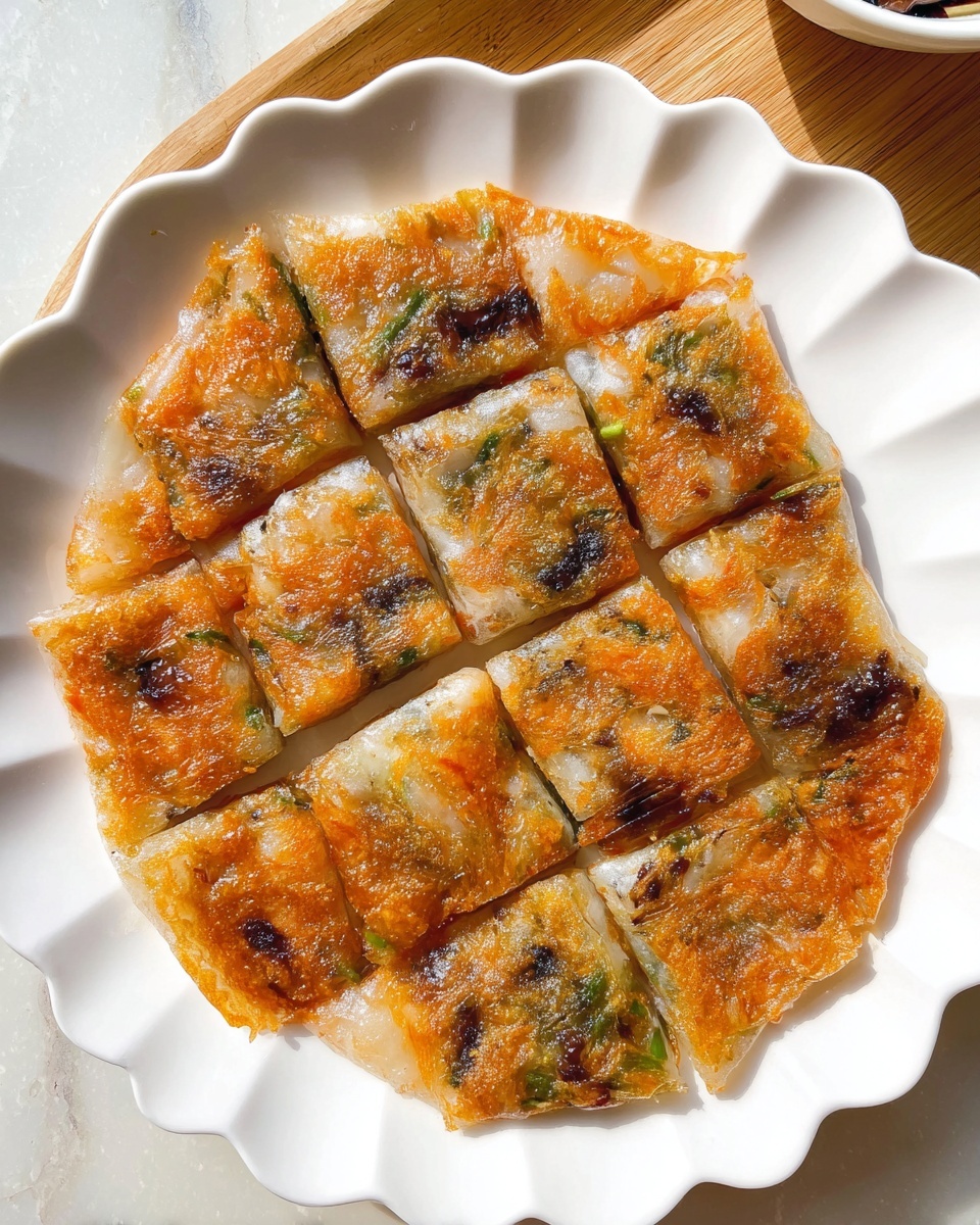 A round flat layered dish is placed on a white scalloped edge plate with a white marbled background. It has a thin translucent outer layer with orange and light brown colors mixed with darker green spots, showing some vegetables or herbs inside. The dish is divided into small square pieces, showing a soft and slightly oily texture. The edges are uneven and slightly crispy looking, with a glossy surface reflecting light. Photo taken with an iphone --ar 4:5 --v 7