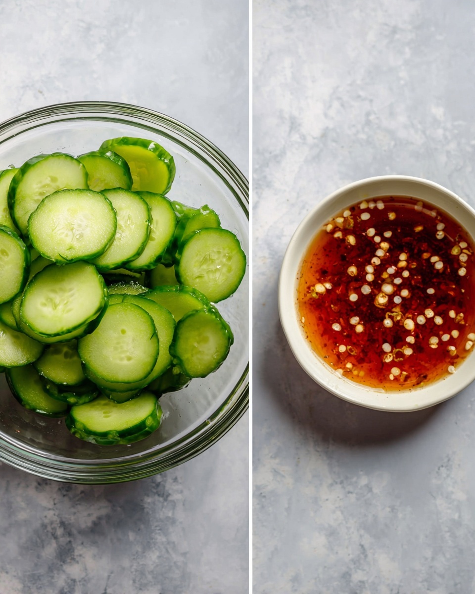 The left image shows a clear glass bowl filled with thin, round slices of bright green cucumber with a slightly glossy texture, all neatly piled inside the bowl, placed on a white marbled surface. The right image features a small white bowl containing a reddish-brown liquid dressing with visible small white pieces and chili flakes floating on top, also set on the white marbled surface. photo taken with an iphone --ar 4:5 --v 7