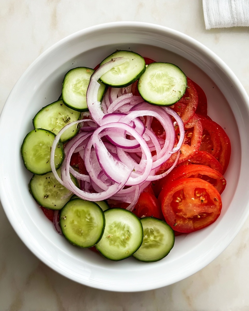 A white bowl contains a simple salad with three layers: the bottom layer is red tomato slices arranged loosely, the middle layer has thin, curved slices of purple onion spread over the tomatoes, and the top layer features evenly spaced round cucumber slices with dark green edges and pale green centers placed around the bowl's edge. The bowl sits on a white marbled surface. photo taken with an iphone --ar 4:5 --v 7