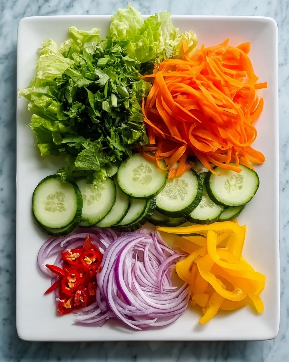 A white square plate holds six layers of fresh veggies arranged neatly. At the top, there is chopped green lettuce with a leafy, uneven texture. Below it, thinly sliced bright orange carrot strips are placed in a small pile. To the right of the carrots, there is a row of round cucumber slices with light green centers and darker green edges. At the bottom left, there are thin purple onion slices with white and yellow inner rings. Next to the onions, some small red chili slices form a thin layer. To the right of the chilies, thin yellow bell pepper slices add a bright touch. The plate is on a white marbled surface. photo taken with an iphone --ar 4:5 --v 7