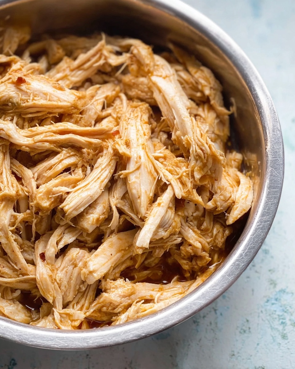 A close-up view of a silver metal bowl filled with shredded cooked chicken in a light brown sauce. The chicken pieces are tender and soft, with some strands soaked in the sauce, giving a slightly shiny look. The bowl sits on a white marbled surface with some texture visible around it. The focus is on the chicken’s texture and sauce that lightly coats the pieces. Photo taken with an iphone --ar 4:5 --v 7