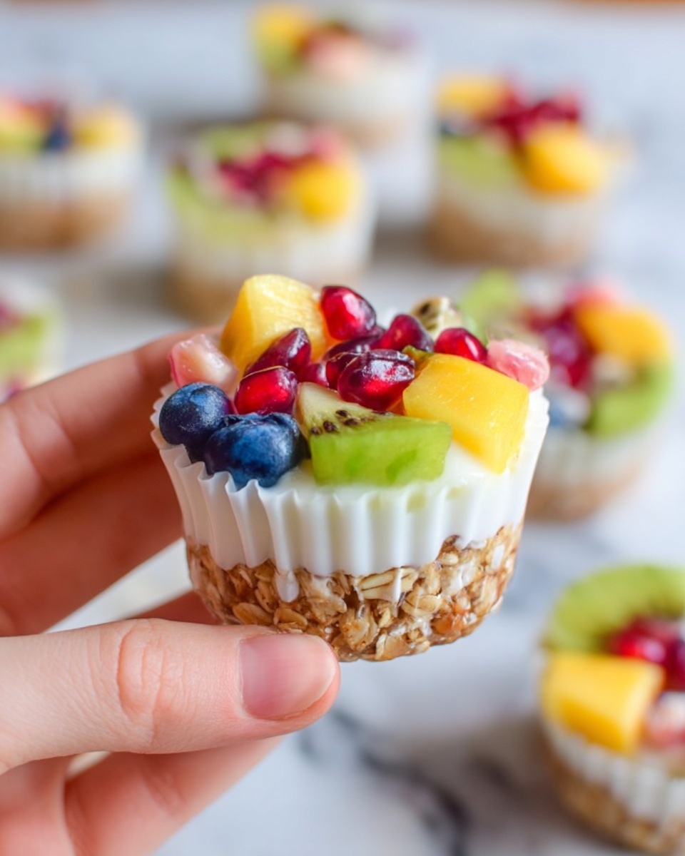 A small dessert cup is held by woman's hand, showing three clear layers: the bottom is light brown and crunchy like oats, the middle is a smooth white creamy layer, and the top has colorful fruit pieces including yellow mango, green kiwi, blue blueberries, and red pomegranate seeds, all sitting in a white paper cup. The background has more similar dessert cups blurred out on a white marbled surface. photo taken with an iphone --ar 4:5 --v 7