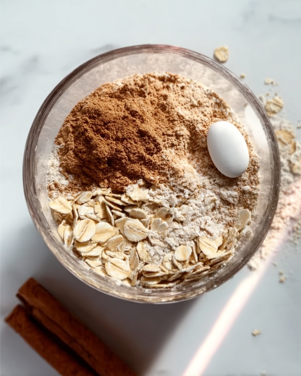 The image shows a clear round container filled with a mix of dry ingredients. The top layer is light brown cinnamon powder, surrounded by light beige rolled oats with a rough texture. A white oval-shaped pill or tablet lies near the oats on the right. Outside the container, at the bottom right corner, there are two cinnamon sticks on a white marbled surface. There is a vertical light reflection on the container, and a woman's hand is not visible in this frame. photo taken with an iphone --ar 4:5 --v 7
