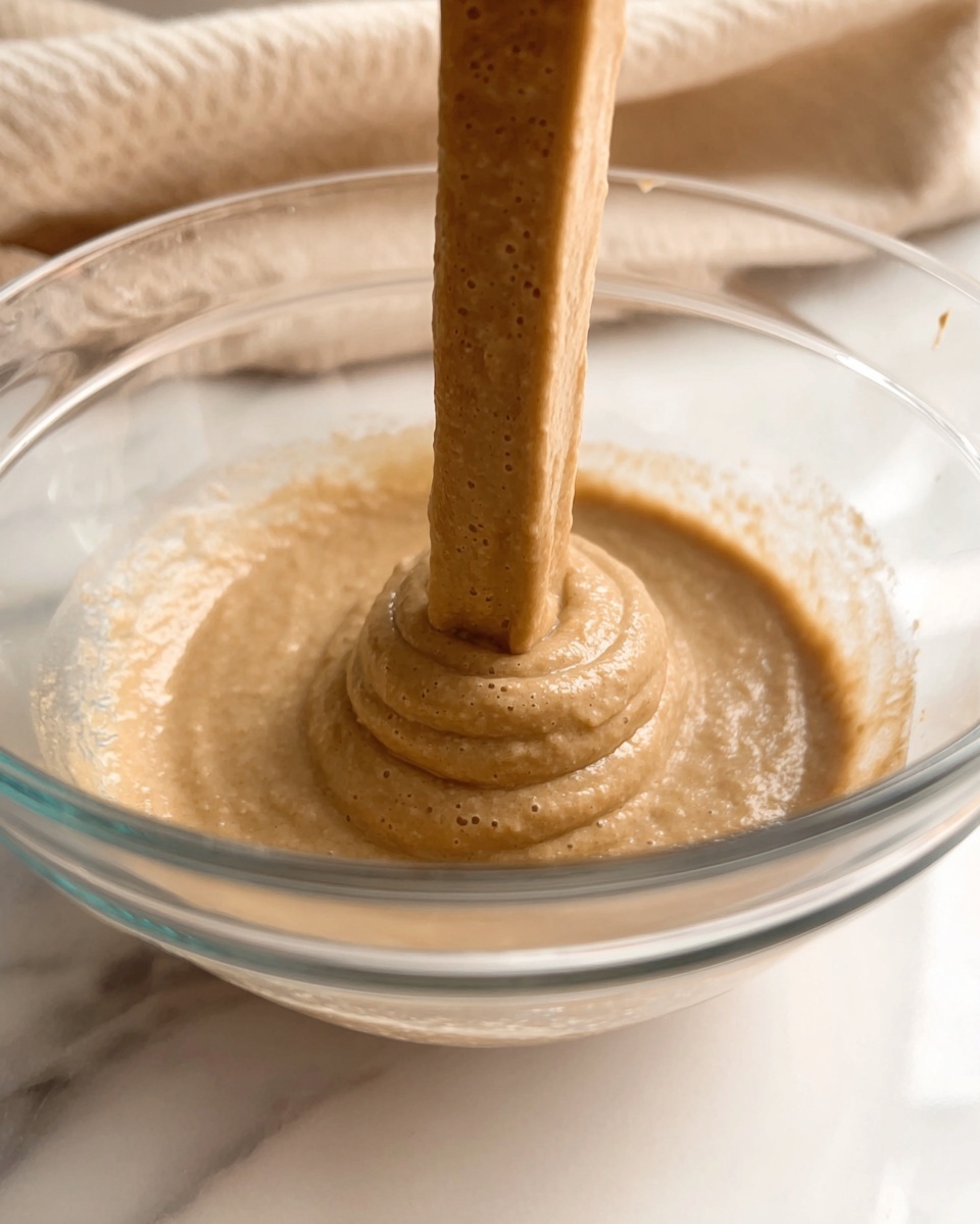 A thick, smooth light brown batter with a slightly textured surface is being poured into a clear glass bowl. The batter forms a coiled layer inside the bowl, which is resting on a white marbled surface. In the background, a soft beige cloth adds a warm touch to the scene. The focus is close-up, showing the batter’s creamy consistency and small bubbles throughout. photo taken with an iphone --ar 4:5 --v 7