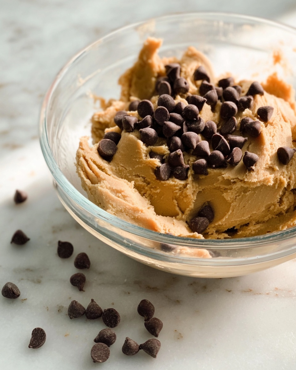 A clear glass bowl sits on a white marbled surface, filled with light brown dough that has a smooth but slightly crumbly texture. Dark brown chocolate chips are falling from above into the bowl, scattering on top of the dough in a loose pile. The dough shows uneven scooped parts where it has been moved, creating depth and texture in the light. The warm light highlights the soft and thick texture of the dough along with the shiny, smooth chocolate chips. photo taken with an iphone --ar 4:5 --v 7