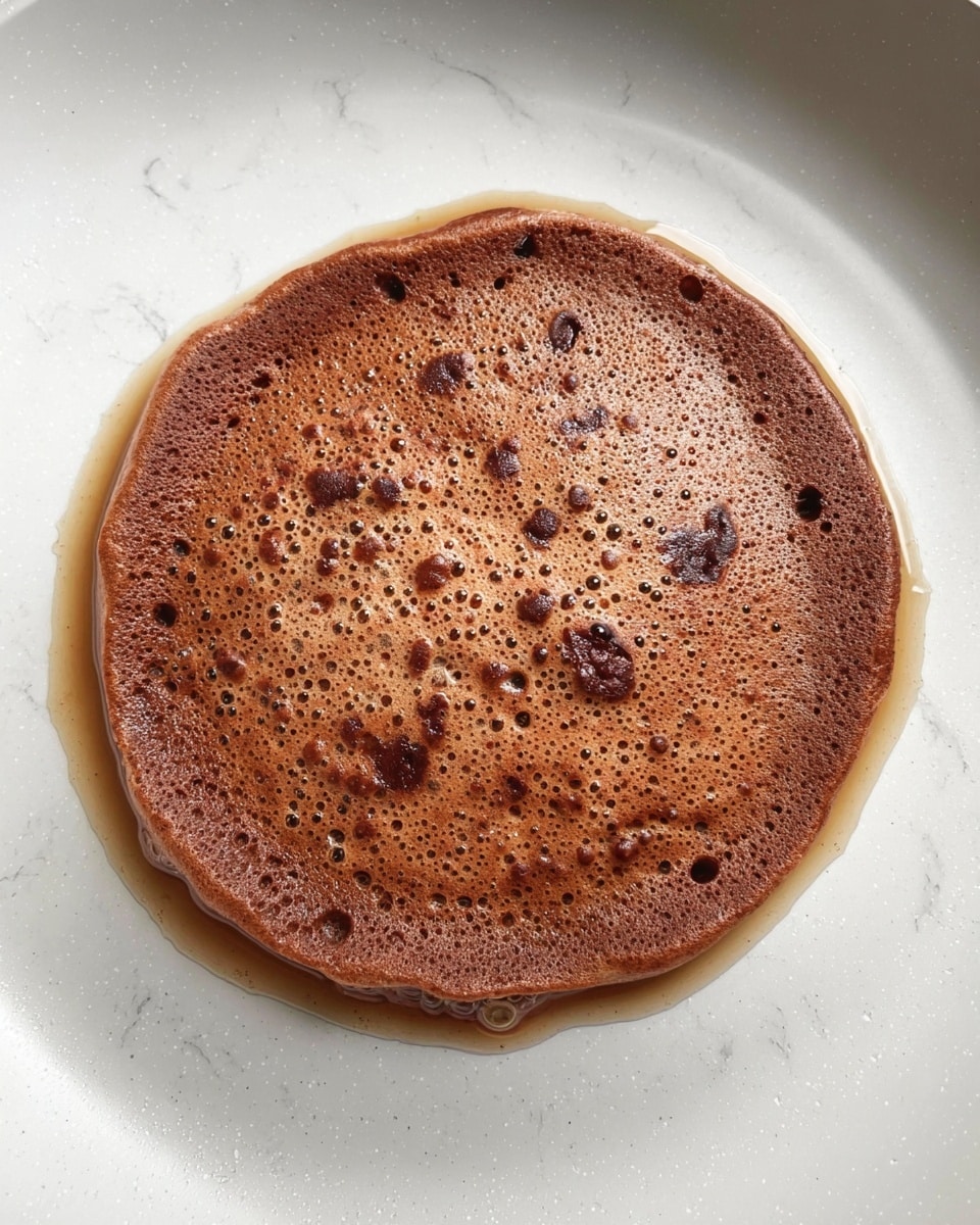 A single round pancake with a rich chocolate brown color is cooking in a white pan with small bubbles and slight uneven texture on its surface. The pancake shows a porous, spongy consistency with darker chocolate spots scattered inside it. The edges are slightly raised and have a firmer, deeper brown tone compared to the lighter center. The white pan surface around it has droplets of oil, and the background is a smooth white marbled texture. photo taken with an iphone --ar 4:5 --v 7
