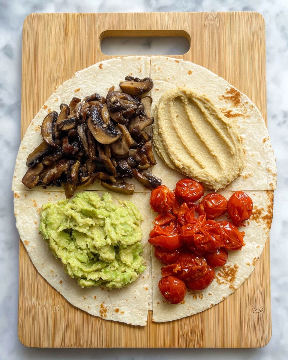 A round flour tortilla is placed on a light brown wooden cutting board with a handle at the top, on a white marbled surface. The tortilla is divided into four sections, each filled with a different ingredient. The top left section has dark brown, cooked sliced mushrooms with a shiny texture. The top right section has a smooth, pale beige spread of hummus. The bottom left section features a light green, coarse guacamole spread. The bottom right section is filled with bright red, glossy roasted cherry tomatoes. The tortilla shows a few slight brown spots from cooking. Photo taken with an iphone --ar 4:5 --v 7