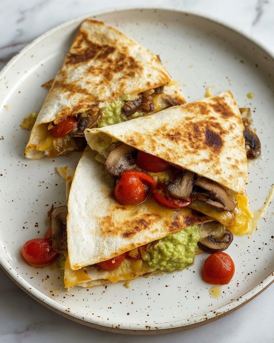 A large round tortilla is placed flat on a wooden cutting board over a white marbled surface. The tortilla is divided into four equal sections with different toppings. The top left section has cooked, sliced mushrooms that are deep brown and shiny with a soft texture. The top right section is spread with light tan hummus, smooth and creamy in appearance. The bottom left section is covered with bright green avocado mash, thick and slightly chunky. The bottom right section has small, glossy, roasted cherry tomatoes that are vibrant red and slightly wrinkled. Each topping stays within its quarter of the tortilla, showing an inviting mix of colors and textures. Photo taken with an iphone --ar 4:5 --v 7
