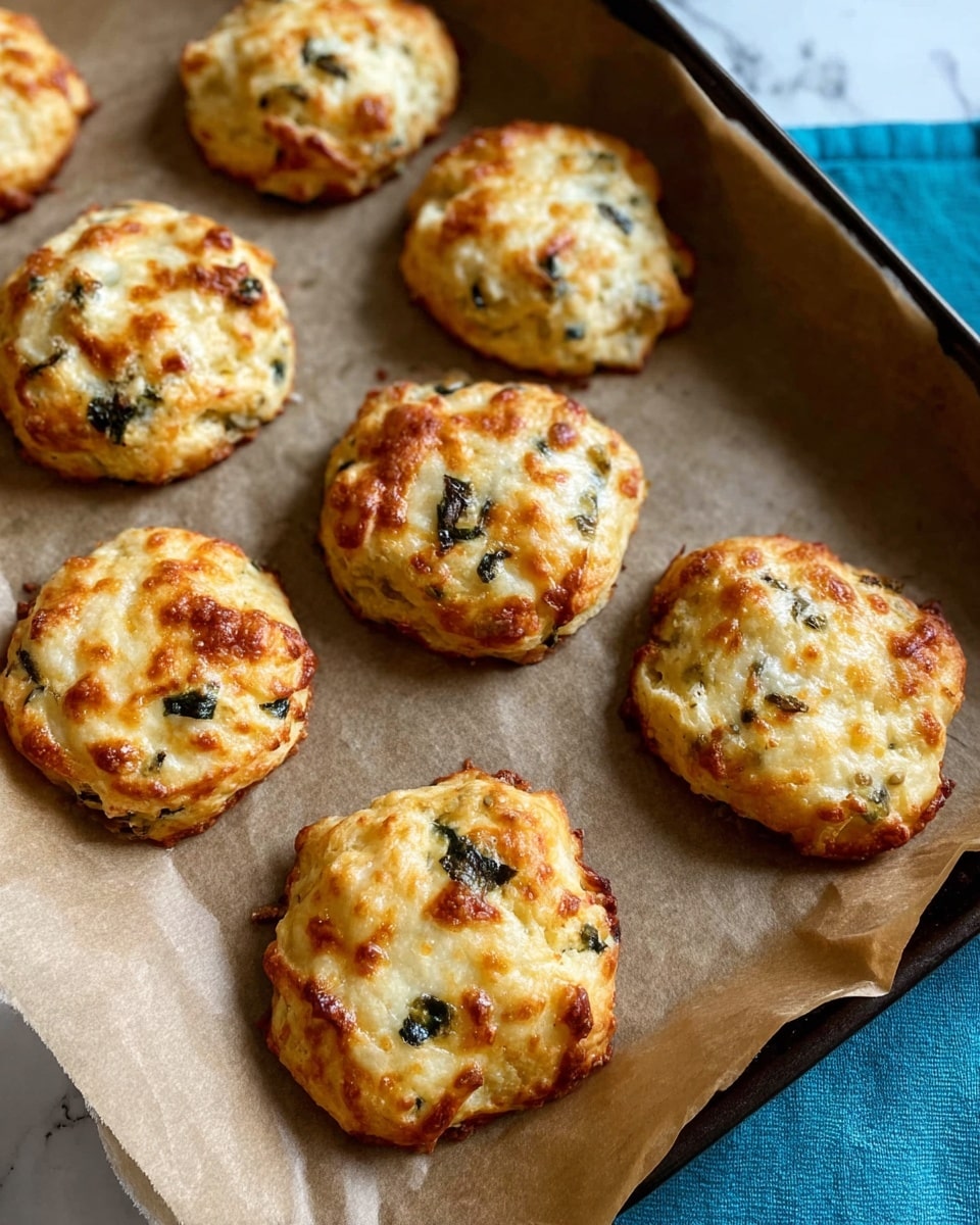 A tray with eight golden-brown baked cheesy biscuit rounds, each showing a slightly puffy and uneven surface with melted cheese bubbles and small dark green herb bits mixed inside. The biscuits rest spaced apart on a piece of brown parchment paper, all on a dark tray. The background features a white marbled texture with a hint of a bright blue cloth in the top right corner. The biscuits have a crispy, lightly browned outer layer with a soft, cheesy inside texture visible through cracks. Photo taken with an iphone --ar 4:5 --v 7