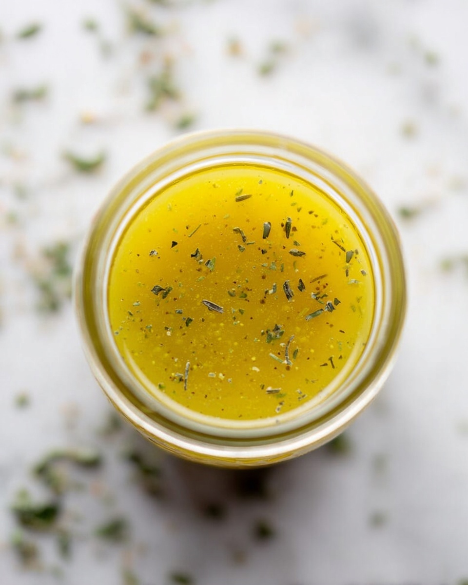 The image shows a top view of a clear glass jar filled with bright yellow salad dressing that has a smooth texture. Small black and green dried herbs float evenly throughout the dressing. The jar is placed on a white marbled surface, with some scattered dried herb bits around it, adding a natural touch. The lighting is soft and natural, making the colors look fresh and appealing. photo taken with an iphone --ar 4:5 --v 7