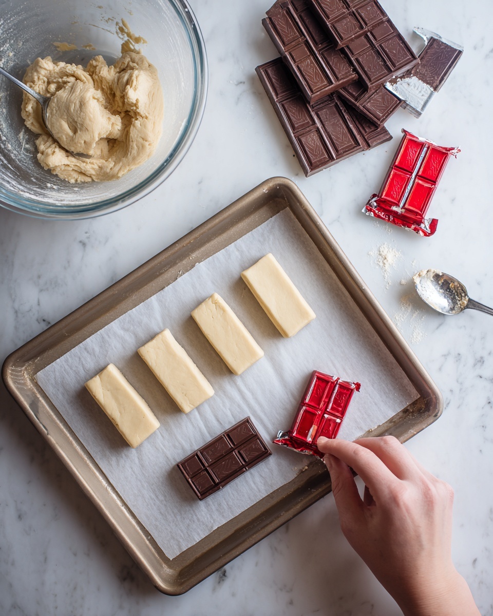 The image shows a baking scene with a tray covered in white parchment paper holding five small dough pieces arranged in two rows. Four dough pieces are rectangular, light beige in color, with one piece open to reveal a smooth, dark brown chocolate bar inside. A woman's hand is placing a small red-wrapped chocolate bar on the parchment paper near the open dough pieces. In the background, there is a large clear glass mixing bowl containing leftover dough, placed on a brown countertop. Nearby, there are several unwrapped chocolate bars lined up in a neat row and a metal spoon with some dough on it. The surface below everything has been changed to white marbled texture. photo taken with an iphone --ar 4:5 --v 7