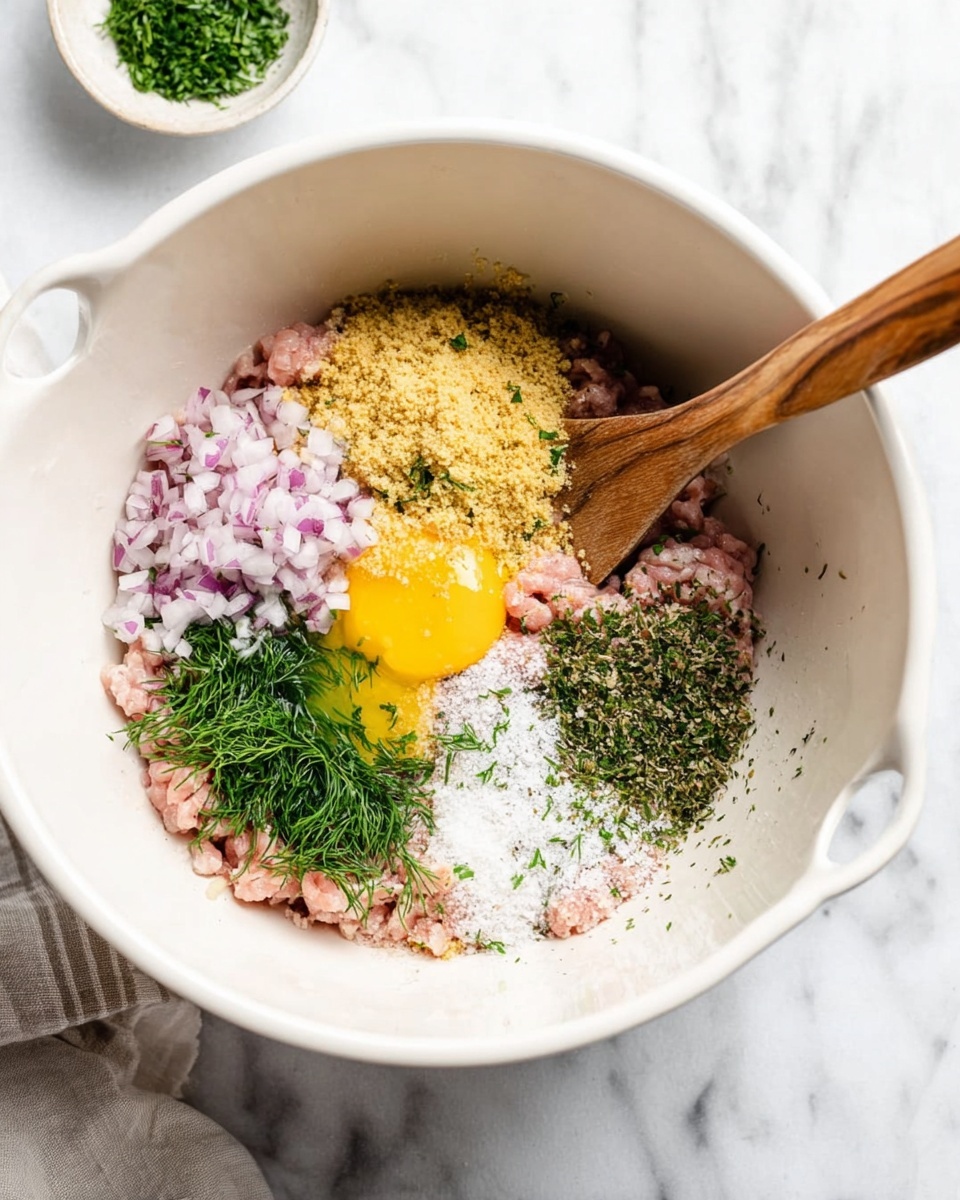 In the image, a white bowl sits on a white marbled surface filled with different layered ingredients ready to be mixed. At the bottom, light pink ground meat forms the base layer. On top of the meat, there are scattered bits of finely chopped red onions and fresh green herbs which look like dill, arranged in small piles. To one side, there is a pile of yellowish breadcrumbs, and next to that, a bright yellow egg yolk with herbs sprinkled on it. White granules, likely salt, sit near the center, surrounded by cracked black pepper and dried green herbs. A wooden spatula with some of the ingredients on it rests inside the bowl. The edge of the white bowl has subtle spouts and handles visible. Nearby, in the blurred background, there is a small white bowl with green herbs and a white round container with salt on the white marbled surface. photo taken with an iphone --ar 4:5 --v 7
