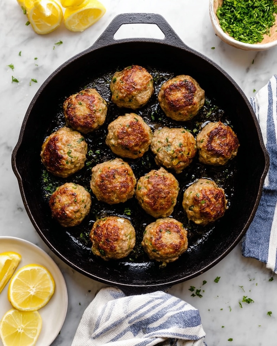 A black cast iron pan is filled with twelve round, browned meatballs evenly spaced inside. The meatballs have a golden-brown surface with bits of herbs and small pieces of onion visible. Around the pan, there are lemon slices on a white plate in the bottom left corner, a white bowl of chopped green herbs in the top right, and a white cloth with blue stripes under the pan. The whole setup sits on a white marbled surface. photo taken with an iphone --ar 4:5 --v 7