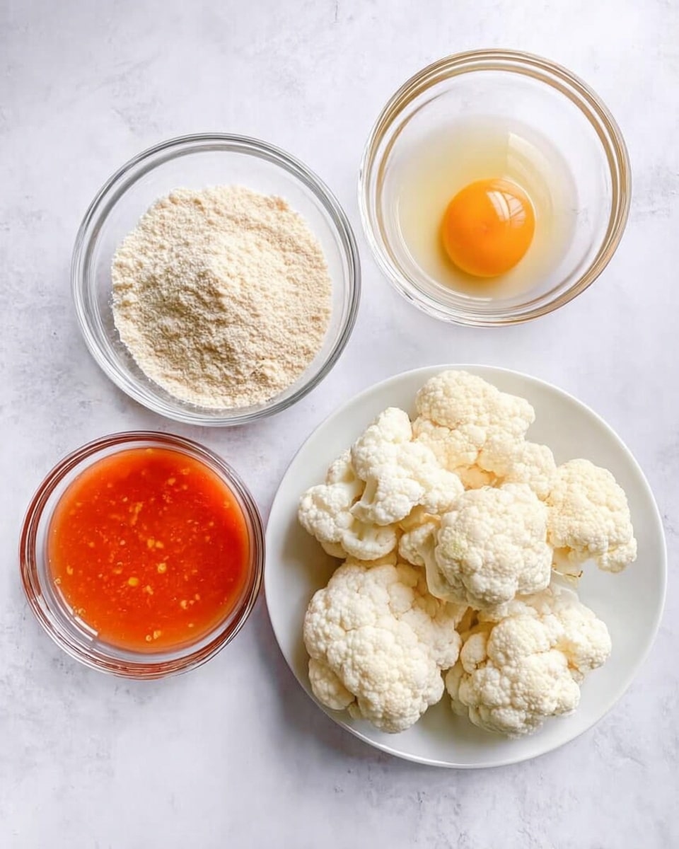 The image shows four clear glass bowls and one white plate arranged on a white marbled surface. The white plate is filled with several pieces of raw white cauliflower florets, each with a bumpy texture. Above the plate is a glass bowl with a light tan powder mix, looking grainy and dry. To the right of the plate is a glass bowl holding a single raw egg, with a bright yellow yolk and clear egg white. Below that bowl is another glass bowl filled with a smooth bright orange sauce with some visible tiny bubbles or specks. The arrangement is simple and clean, with soft natural light highlighting the textures and colors. photo taken with an iphone --ar 4:5 --v 7