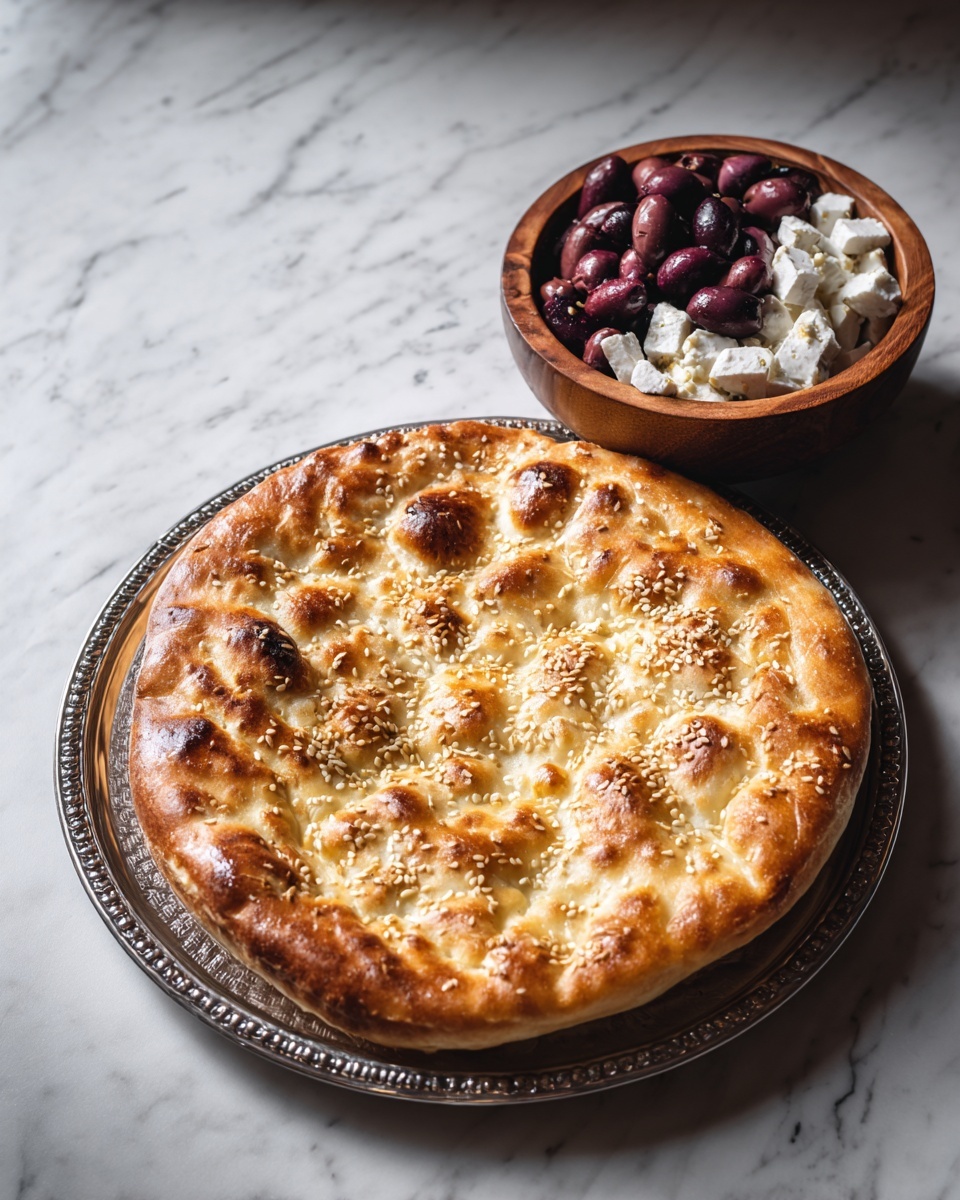 A large round flat bread with a golden brown color is placed on a silver round tray. The bread top has a textured surface with small dimples and is sprinkled with sesame seeds. Next to the tray is a wooden bowl filled with dark purple olives and small pieces of white cheese. The items rest on a white marbled textured surface. photo taken with an iphone --ar 4:5 --v 7