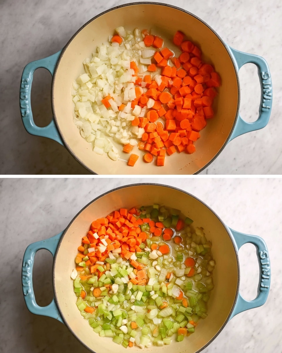 The image shows two photos of a light blue pot with a cream-colored inside on a white marbled surface. In the top photo, there are three layers of diced vegetables in the pot: bright orange carrots on the top right, white onions on the left, and light green celery on the bottom right, all sitting in a thin layer of oil. In the bottom photo, the vegetables have partially cooked and mixed, with the orange carrots, white onions, light green celery, and small pieces of white garlic spread out unevenly inside the pot, with some shine from the oil. The pot handles are visible on both sides. Photo taken with an iphone --ar 4:5 --v 7