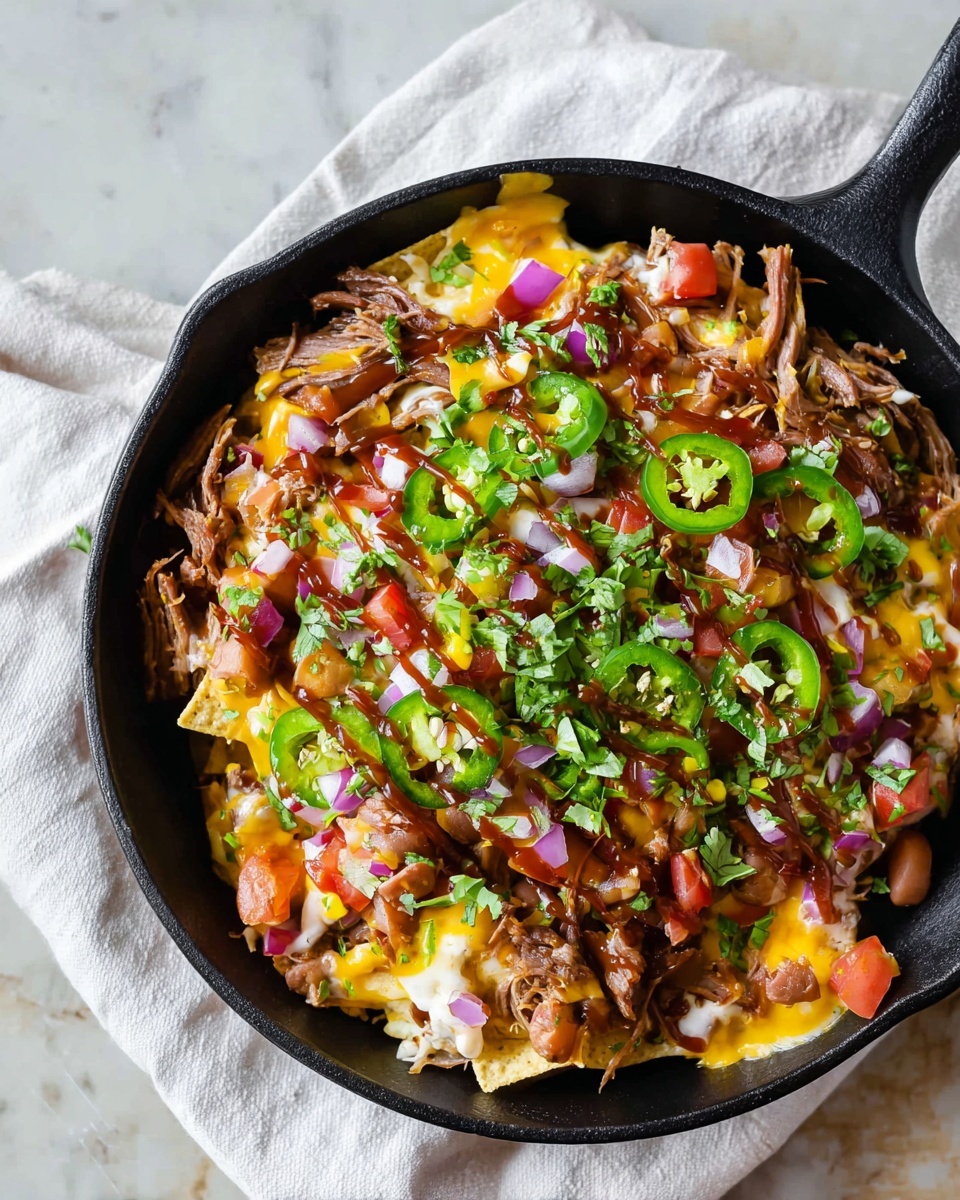 The dish is served in a black cast iron pan filled with layers of colorful food. The bottom layer consists of white tortilla chips with melted yellow and white cheese on top. Scattered over this are light brown beans and chunks of red tomatoes. Thin strips of brown pulled meat lie over the whole dish, with green slices of jalapeño scattered around. Small pieces of purple onion and bright green chopped spring onions add more color. Drizzled on top is a dark brown sauce, and some fresh green cilantro leaves are spread over everything. The pan sits on a white marbled surface with a white cloth partially underneath photo taken with an iphone --ar 4:5 --v 7