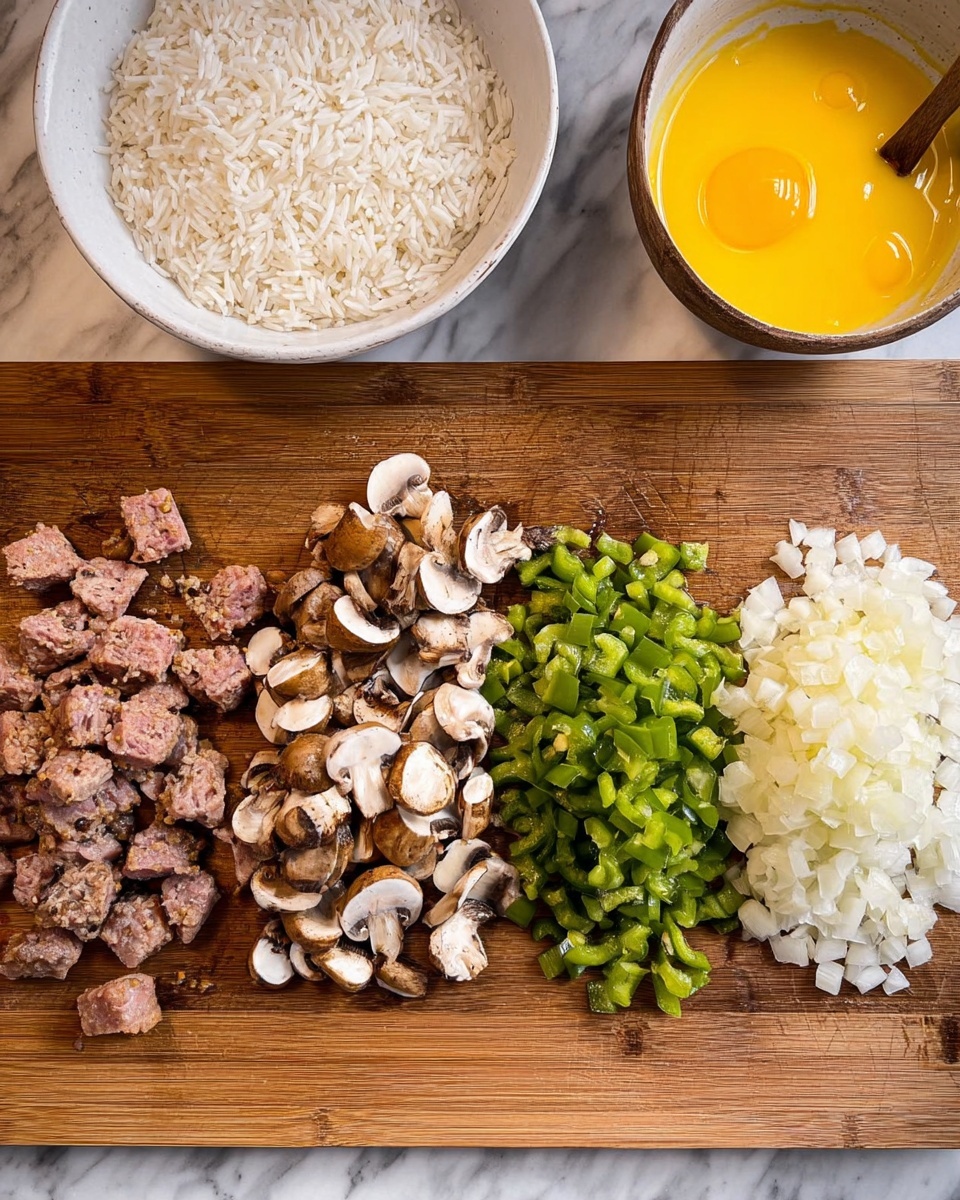 The image shows a wooden cutting board on a white marbled surface with four groups of chopped ingredients arranged side by side: small cubes of cooked meat on the left, a pile of chopped brown and white mushrooms next to it, a cluster of chopped green peppers, and finely chopped white onions on the far right. To the left of the cutting board, there is a white bowl filled with cooked white rice and above it, a white bowl containing a bright yellow liquid, likely beaten eggs. photo taken with an iphone --ar 4:5 --v 7