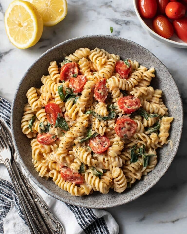 Easy Hummus Pasta with Roasted Red Pepper, Tomatoes, and Spinach Recipe