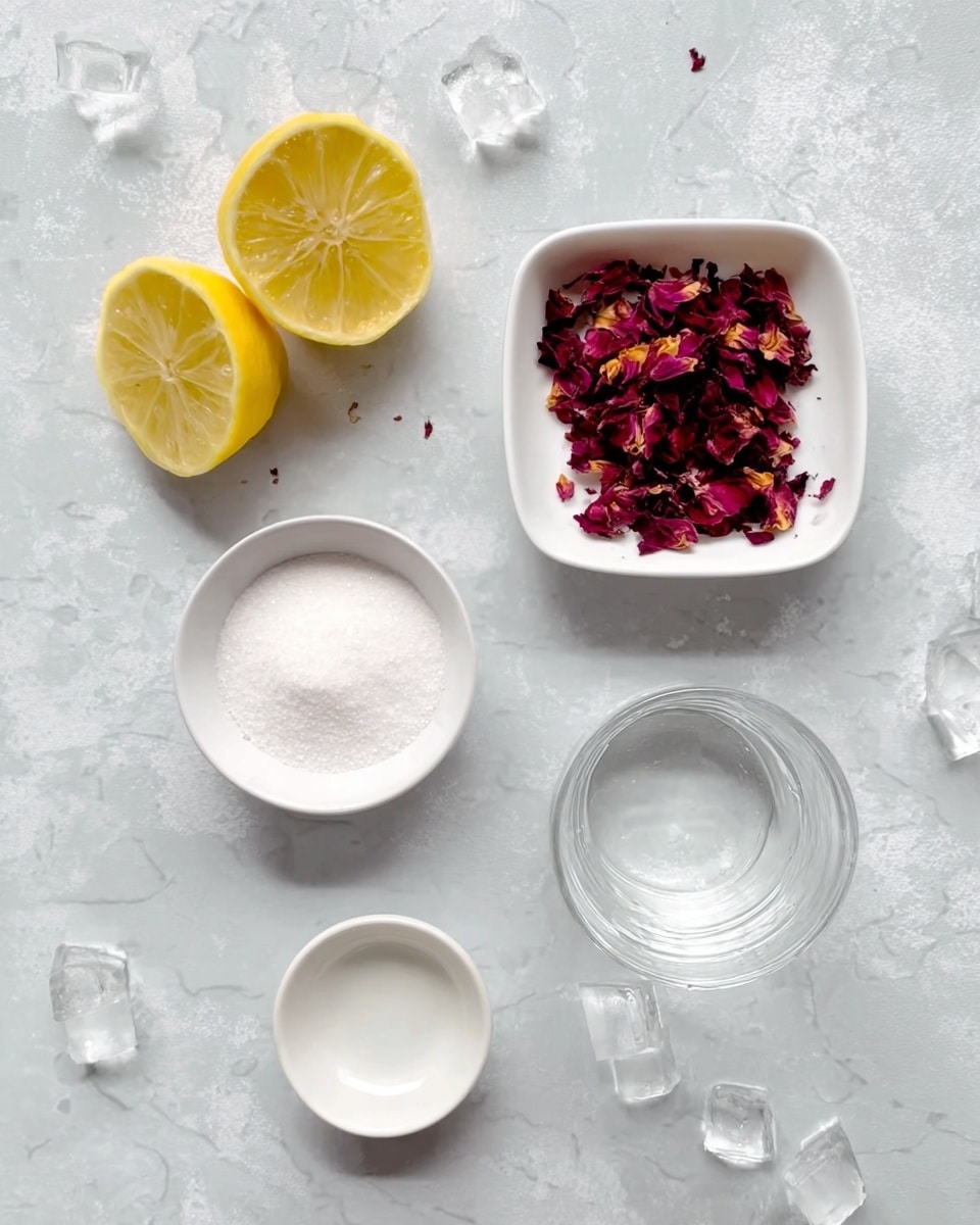 The image shows five ingredients on a white marbled surface. At the top left, there is a lemon cut in half, showing its bright yellow, juicy inside. Next to it on the right is a small white square bowl filled with red and dark pink dried flower petals. Below the lemon, there is a white bowl filled with fine white sugar. To the right of the sugar, there is a clear glass filled with a transparent liquid, likely water. Below the glass, there is a small white round dish with a small amount of clear liquid in it. Scattered ice cubes are around the ingredients on the white marbled surface. Photo taken with an iphone --ar 4:5 --v 7