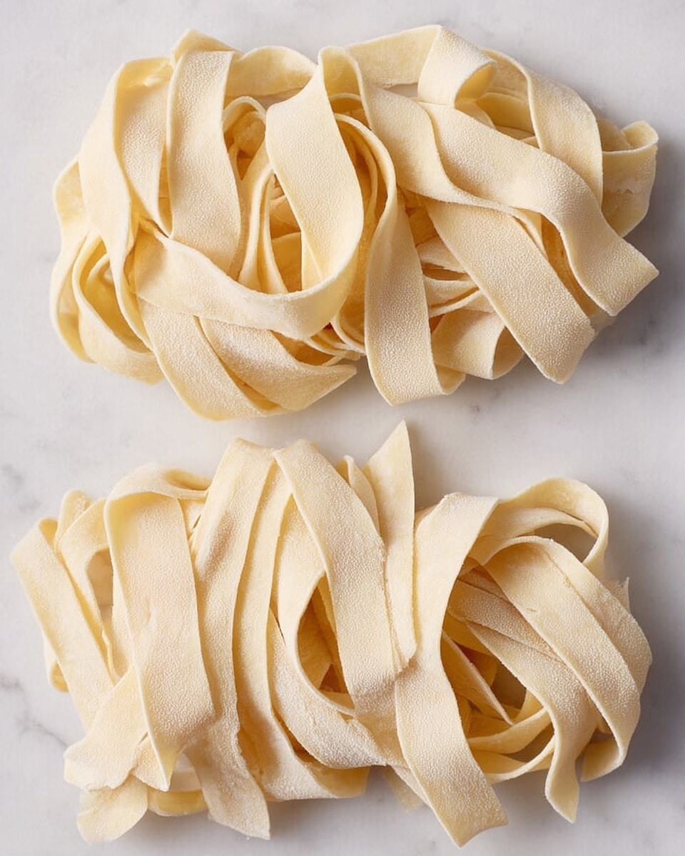 Two piles of fresh, uncooked pasta strips lie side by side on a white marbled surface. Each pile has many flat, wide strips of dough in a pale cream color with a slightly soft, uneven texture. Some strips have smooth edges while others have a slight wave along the edges. The strands look loosely layered and slightly curled, creating depth and a sense of softness in the image. The lighting shows gentle shadows between the layers, enhancing the detail of the dough’s thickness and texture. photo taken with an iphone --ar 4:5 --v 7