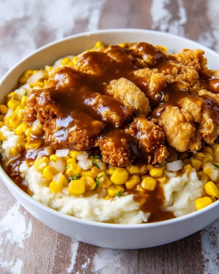 Homestyle Chicken Mashed Potato Bowls with Crispy Chicken, Corn, Cheese, and Beef Gravy Recipe
