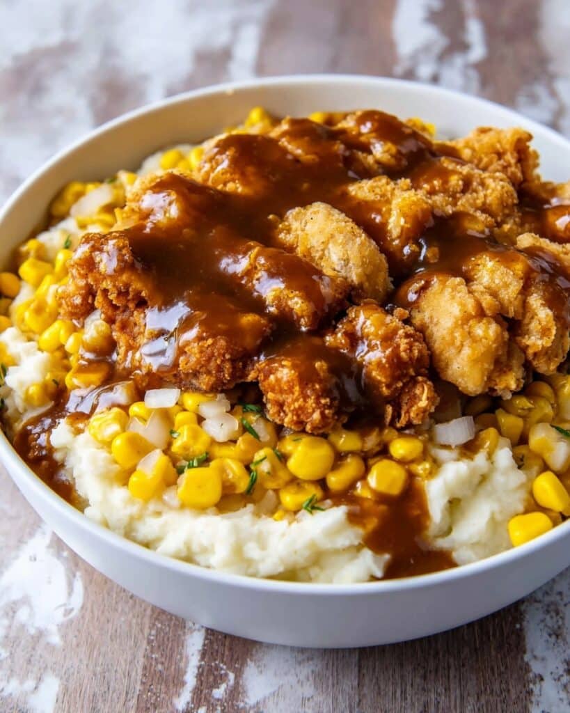 Homestyle Chicken Mashed Potato Bowls with Crispy Chicken, Corn, Cheese, and Beef Gravy Recipe