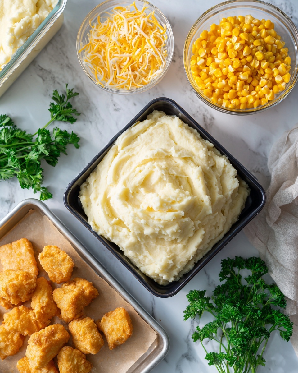 The image shows a white marbled surface with a black container filled with creamy mashed potatoes placed near the center. A white bowl of shredded yellow and white cheese is on one side, and a clear glass bowl with bright yellow corn kernels is on the other side. Below the mashed potatoes, a silver tray lined with a light-colored cooking mat holds several pieces of golden brown fried chicken bites arranged loosely. Fresh green parsley leaves rest next to the mashed potatoes, adding a pop of color. Part of a white container with mashed potatoes is visible at the top left corner. The whole setting is well-lit with natural light, giving a fresh and appetizing feel. Photo taken with an iphone --ar 4:5 --v 7
