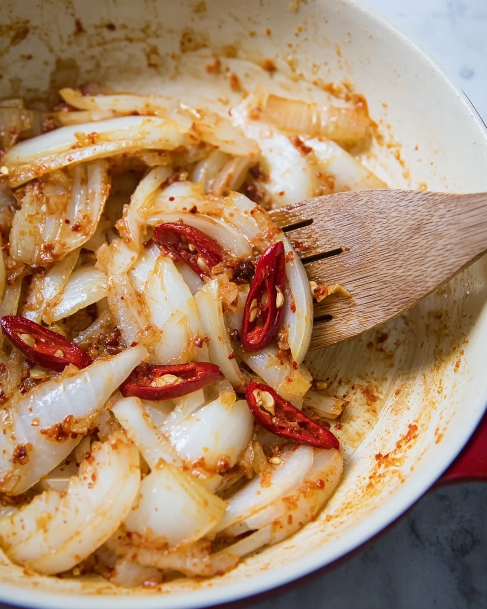 The image shows a close-up of sliced white onions and red chili peppers being stirred in a white pan with some reddish-brown sauce. The layer of onion slices is spread unevenly across the pan, with the sauce coating parts of the onion, making some areas glisten. Red chili slices are scattered among the onions, adding pops of bright red color. A wooden spatula is lifting a few onion pieces, showing the texture of the cooked layers. The background is a soft white marbled texture. photo taken with an iphone --ar 4:5 --v 7