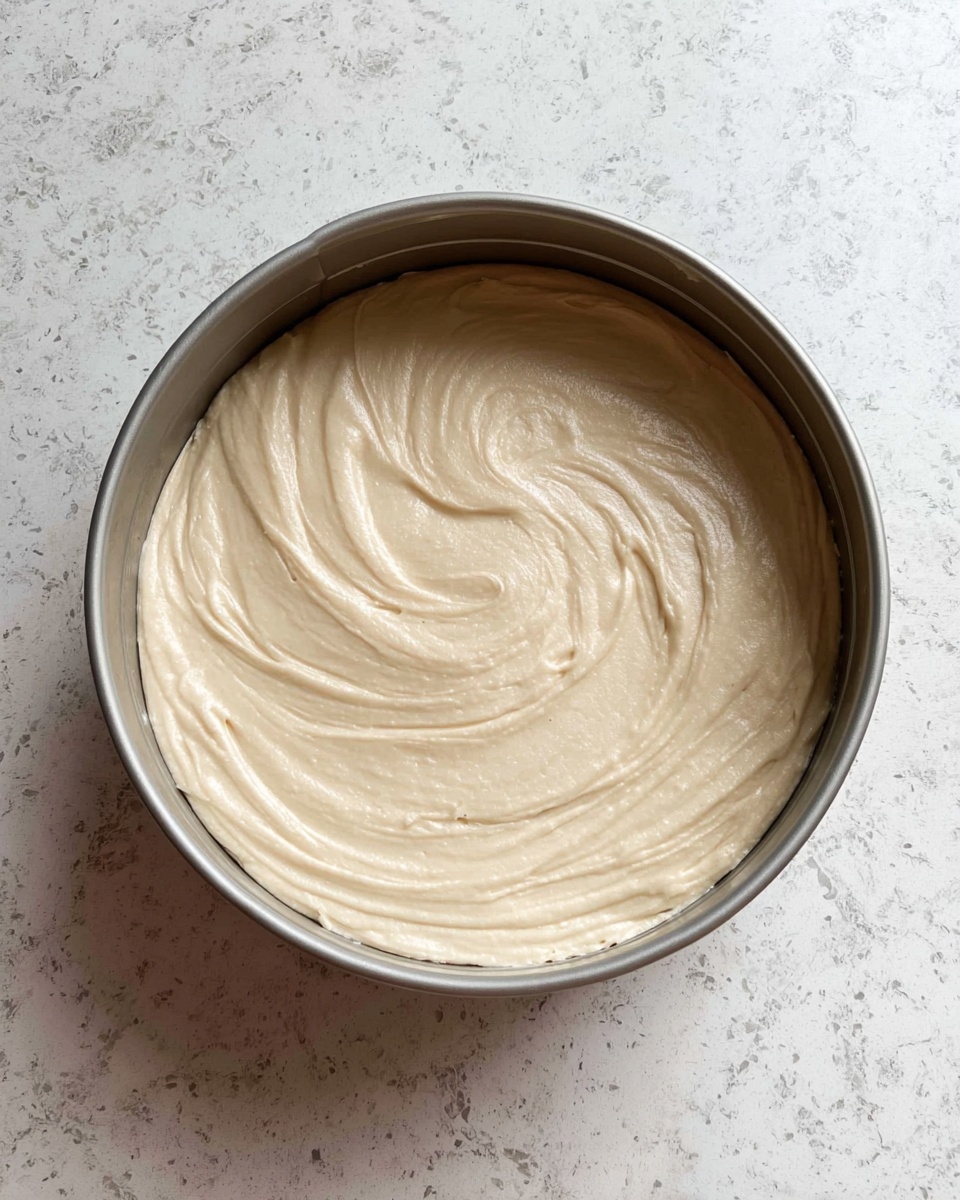 A round silver cake pan filled with a thick layer of smooth pale beige batter, showing gentle swirling patterns on the surface. The pan sits on a white marbled countertop with subtle veining. The batter is evenly spread to fill the bottom of the pan in one thick layer. photo taken with an iphone --ar 4:5 --v 7