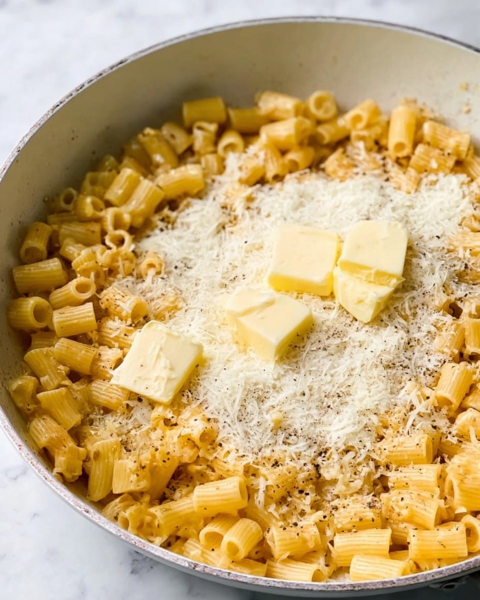 A close-up view of a white pan filled with small, tube-shaped pasta that is pale yellow in color. On top, there are several small pats of light yellow butter and a generous pile of finely grated white cheese spread over the butter. Specks of black pepper are scattered around on the pasta, adding some texture and contrast. The pan rests on a white marbled surface, emphasizing the warm tones of the pasta and cheese. Photo taken with an iphone --ar 4:5 --v 7