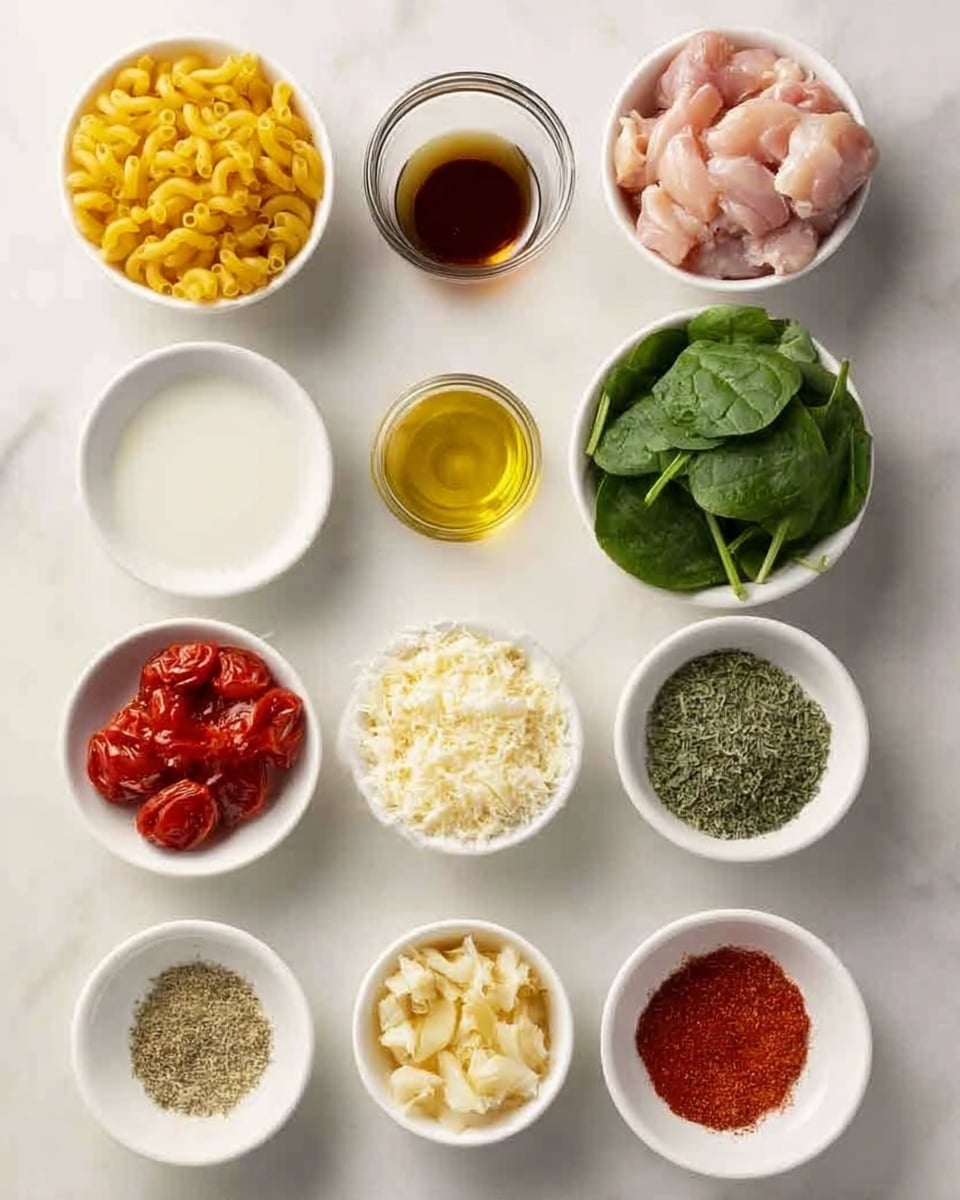 The image shows 12 small white bowls arranged in a grid on a white marbled surface. The top row has three bowls: yellow curved pasta on the left, raw pink chicken pieces on the right, and the middle bowl is empty. The second row has a clear glass cup of dark brown liquid on the left, a small white bowl of golden oil in the middle, and fresh green spinach leaves in a white bowl on the right. The third row has white liquid in a bowl on the left, grated white cheese in the middle bowl, and a bowl of roasted red tomatoes on the right. The bottom row has minced pale yellow garlic on the left, dried green herbs in the middle bowl, and bright red powdered spice in the bowl on the right. Photo taken with an iphone --ar 4:5 --v 7