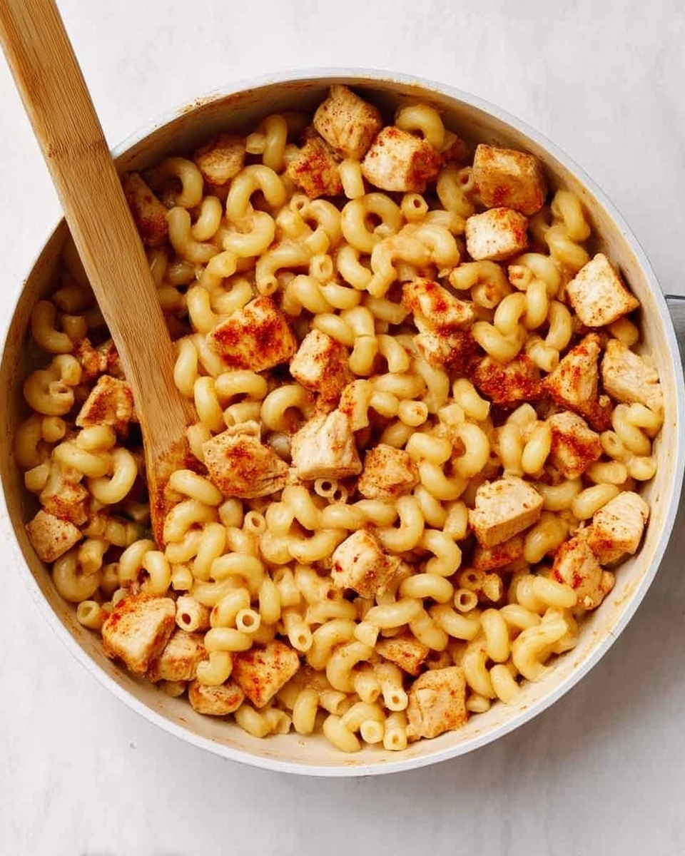 A white pan filled with cooked elbow macaroni pasta mixed with small chunks of cooked chicken pieces that are light golden brown with a slight reddish tint from seasoning or sauce. The pasta is light yellow and has a soft texture, while the chicken pieces are spread evenly throughout the pan. A wooden spoon with a light brown handle is placed inside the pan, resting on the pasta and chicken mix. The pan is set on a white marbled surface. Photo taken with an iphone --ar 4:5 --v 7