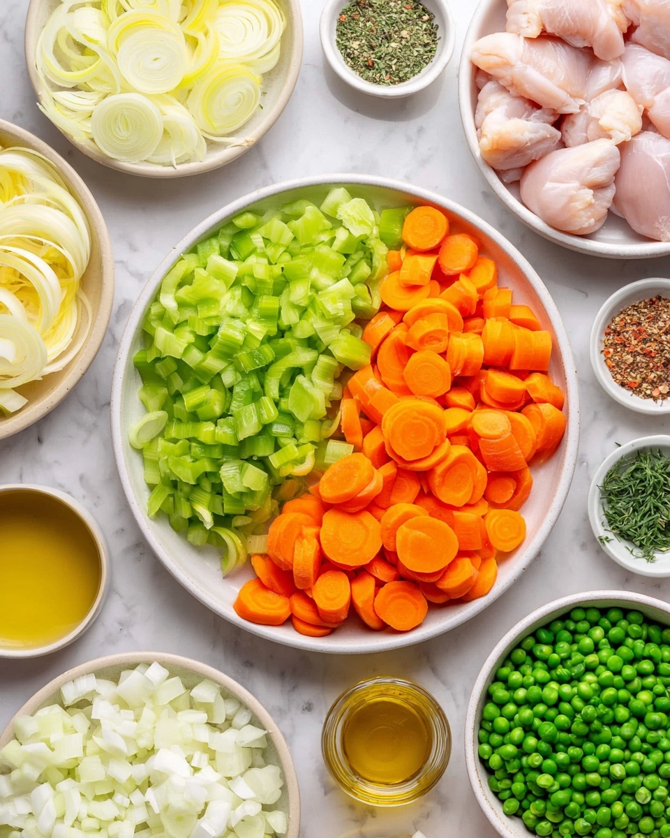 The image shows various ingredients arranged on a white marbled surface. At the center, a white plate is filled with two layers: the left side holds bright green sliced celery, and the right side has bright orange sliced carrots. Surrounding this plate are other white bowls containing different ingredients: at the top right, raw skinless chicken pieces; at the top left, thinly sliced pale yellow and white leek rings; at the bottom right, chopped white onions; at the bottom left, green peas; and a small bowl in the middle bottom with a golden yellow liquid, likely oil. There are also small dishes with chopped green herbs, assorted colorful spices, black pepper, and salt. Photo taken with an iphone --ar 4:5 --v 7