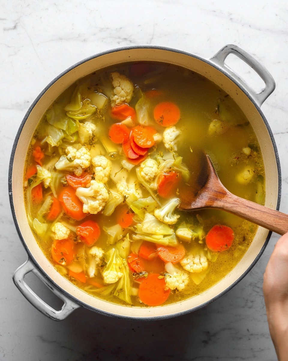 A white pot filled with vegetable soup showing three main visible layers: the clear yellowish broth as the base layer, mixed bright orange carrot slices scattered throughout the middle, and light green cabbage pieces along with pale yellow cauliflower florets floating on top. A wooden spoon is partially dipped inside the pot, resting on the right side. The pot is on a white marbled surface, and in the top right corner a woman's hand is lightly stirring the soup. photo taken with an iphone --ar 4:5 --v 7