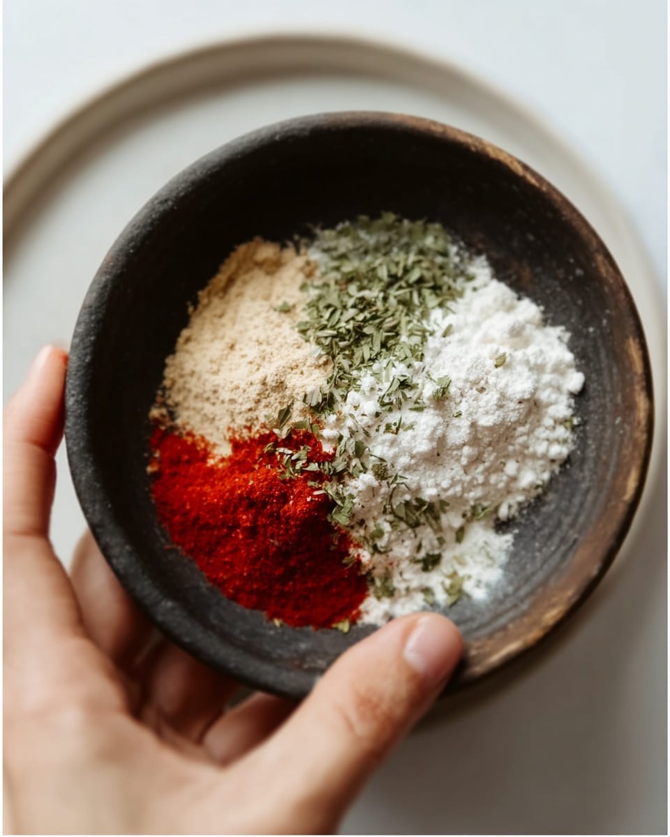 A woman’s hand holds a small dark bowl filled with four different powders, arranged in sections inside the bowl: a bright red powder on the left, a light beige powder on the top right, a white powder on the bottom right, and a sprinkle of green herbs on the top middle. The background features a white marbled surface with a white plate softly blurred, giving focus to the bowl in the foreground. The overall image shows a clear and clean look with natural lighting. photo taken with an iphone --ar 4:5 --v 7