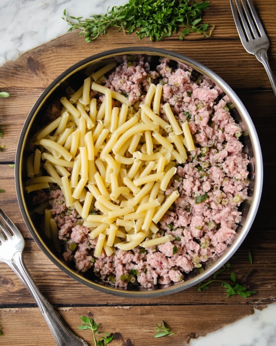A round metal pan filled with two main layers: the bottom layer is ground meat mixed with small green herb pieces, showing a crumbly texture and a pinkish-brown color, spread evenly across the pan. On top, there is a layer of uncooked short, curved yellow pasta pieces scattered loosely, some overlapping each other. The pan sits on a wooden surface with a white marbled texture visible around it. Next to the pan are a fork and spoon, and some green herbs are placed near the top left and bottom left edges of the image. photo taken with an iphone --ar 4:5 --v 7