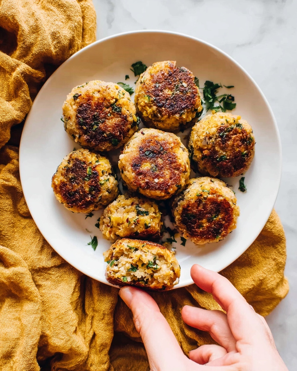 A white plate filled with about eight round, golden-brown patties with a crispy outside. The patties have small green herb pieces mixed in and on top, giving a fresh look. A woman's hand is gently holding one patty from the side of the plate. The plate is placed on a soft, wrinkled mustard-yellow cloth over a white marbled surface. Photo taken with an iphone --ar 4:5 --v 7