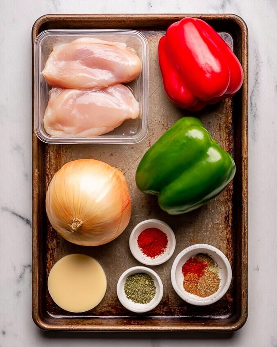 A used brown metal baking tray on a white marbled surface holds six ingredients arranged neatly: two raw pale pink pieces of chicken in a clear plastic container at top left, a whole shiny red bell pepper above the middle right, a whole shiny green bell pepper below the red one, a whole light brown onion below the green pepper, a round pale yellow cheese disc at bottom left, and a small white bowl at bottom right containing three piles of spices in red, green, and brown colors. Photo taken with an iphone --ar 4:5 --v 7