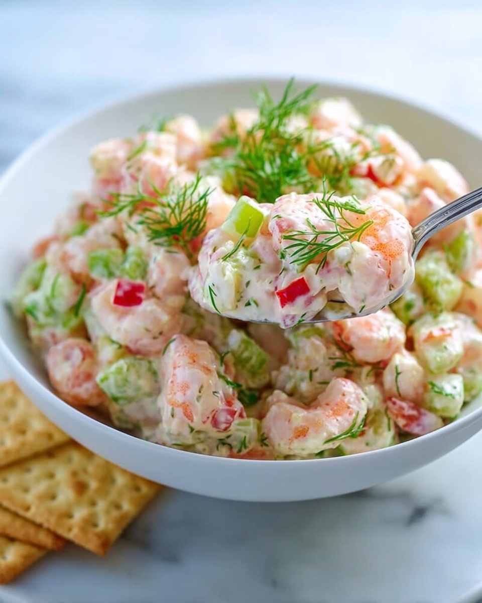 A white bowl filled with a creamy shrimp salad. The shrimp are pink and plump, mixed with small chopped pieces of green celery and red bell pepper. Fresh green dill is sprinkled on top, adding a touch of color and texture. A silver spoon is lifting some of the salad out of the bowl. Next to the bowl, there are a few light yellow crackers. The bowl is placed on a white marbled surface. Photo taken with an iphone --ar 4:5 --v 7